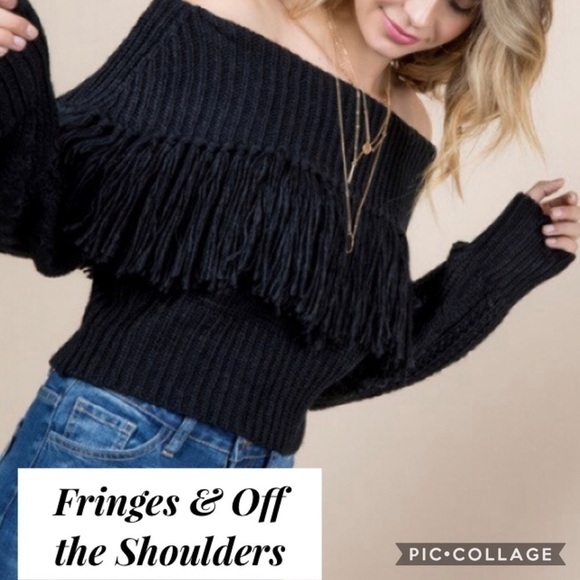 SALE!! Black Off The Shoulders Sweater w/Fringes - Picture 1 of 3